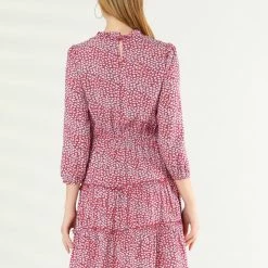 Allegra K Women's Ruffle Neck 3/4 Sleeve A-Line Vintage Floral Tiered Dress