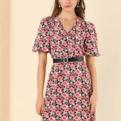 Allegra K Women's Casual Puff Sleeve V Neck A Line Floral Dress With Belt