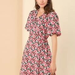 Allegra K Women's Casual Puff Sleeve V Neck A Line Floral Dress With Belt 12 Allegra K Women's Casual Puff Sleeve V Neck A Line Floral Dress With Belt