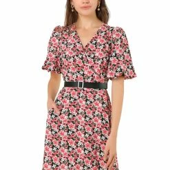 Allegra K Women's Casual Puff Sleeve V Neck A Line Floral Dress With Belt