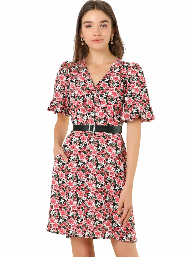 Allegra K Women's Casual Puff Sleeve V Neck A Line Floral Dress With Belt 3 Allegra K Women's Casual Puff Sleeve V Neck A Line Floral Dress With Belt