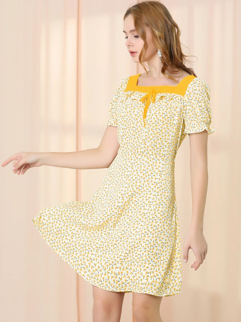 Allegra K Women's Summer Floral Self Tie Square Neck Short Sleeve A-Line Dress 4 Allegra K Women's Summer Floral Self Tie Square Neck Short Sleeve A-Line Dress