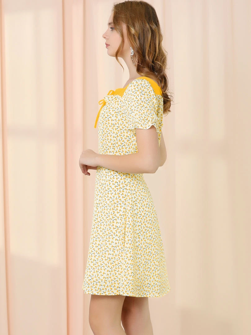 Allegra K Women's Summer Floral Self Tie Square Neck Short Sleeve A-Line Dress 6 Allegra K Women's Summer Floral Self Tie Square Neck Short Sleeve A-Line Dress