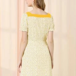 Allegra K Women's Summer Floral Self Tie Square Neck Short Sleeve A-Line Dress 12 Allegra K Women's Summer Floral Self Tie Square Neck Short Sleeve A-Line Dress