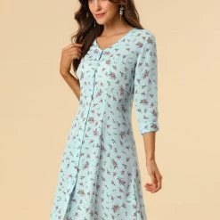 Allegra K Women's Floral Vintage V Neck 3/4 Sleeves Flare Button Front Dress 21 Allegra K Women's Floral Vintage V Neck 3/4 Sleeves Flare Button Front Dress