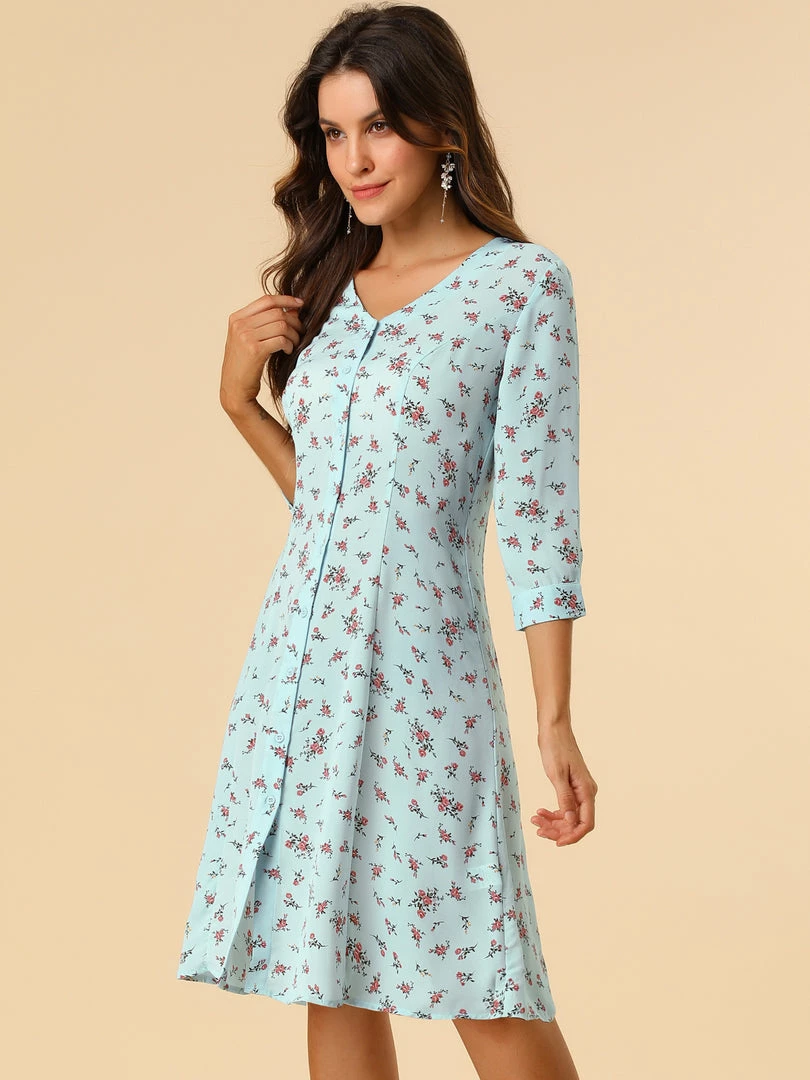 Allegra K Women's Floral Vintage V Neck 3/4 Sleeves Flare Button Front Dress 10 Allegra K Women's Floral Vintage V Neck 3/4 Sleeves Flare Button Front Dress