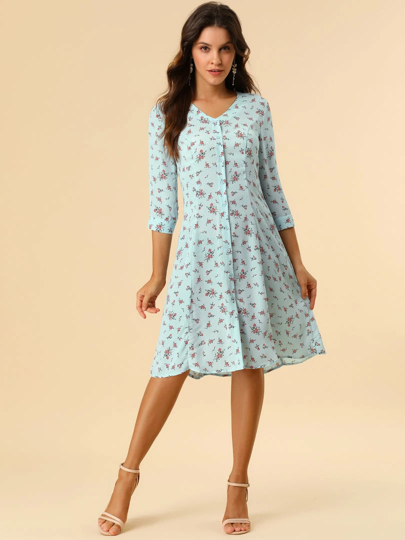 Allegra K Women's Floral Vintage V Neck 3/4 Sleeves Flare Button Front Dress 11 Allegra K Women's Floral Vintage V Neck 3/4 Sleeves Flare Button Front Dress