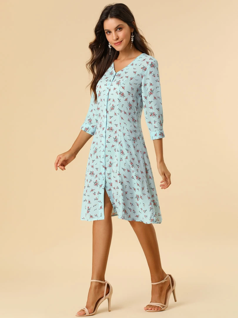 Allegra K Women's Floral Vintage V Neck 3/4 Sleeves Flare Button Front Dress 12 Allegra K Women's Floral Vintage V Neck 3/4 Sleeves Flare Button Front Dress
