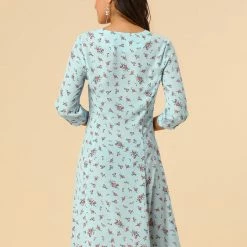 Allegra K Women's Floral Vintage V Neck 3/4 Sleeves Flare Button Front Dress 24 Allegra K Women's Floral Vintage V Neck 3/4 Sleeves Flare Button Front Dress