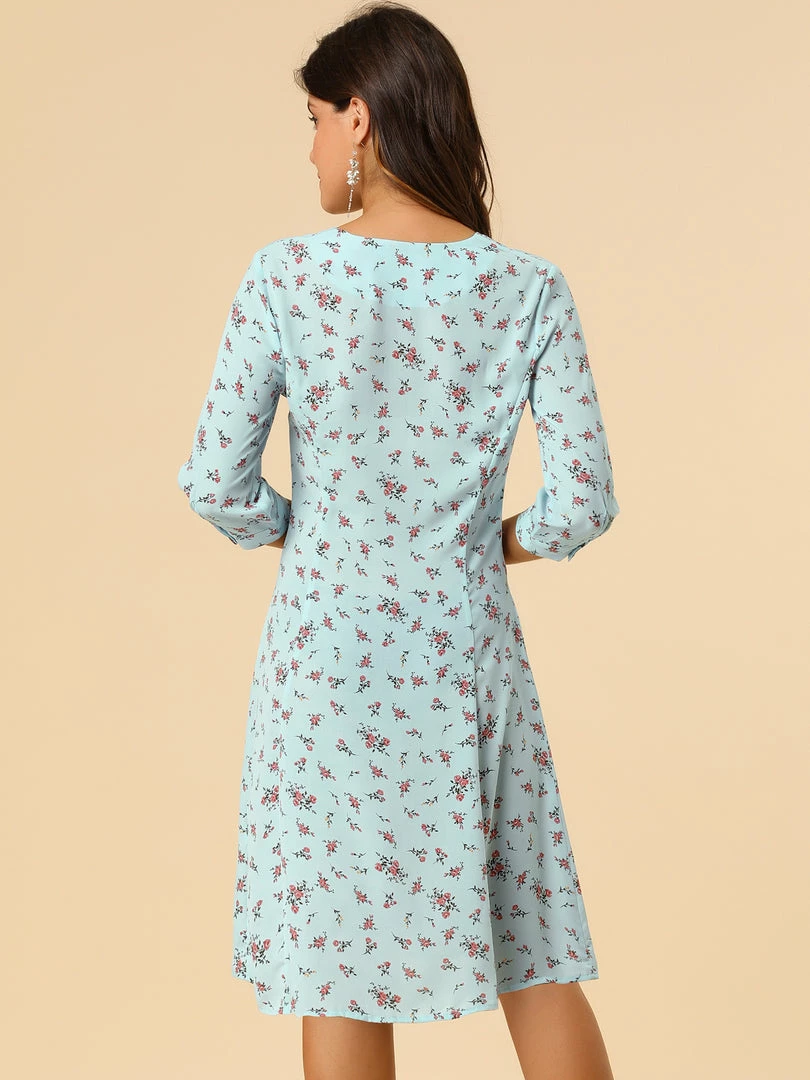 Allegra K Women's Floral Vintage V Neck 3/4 Sleeves Flare Button Front Dress 13 Allegra K Women's Floral Vintage V Neck 3/4 Sleeves Flare Button Front Dress