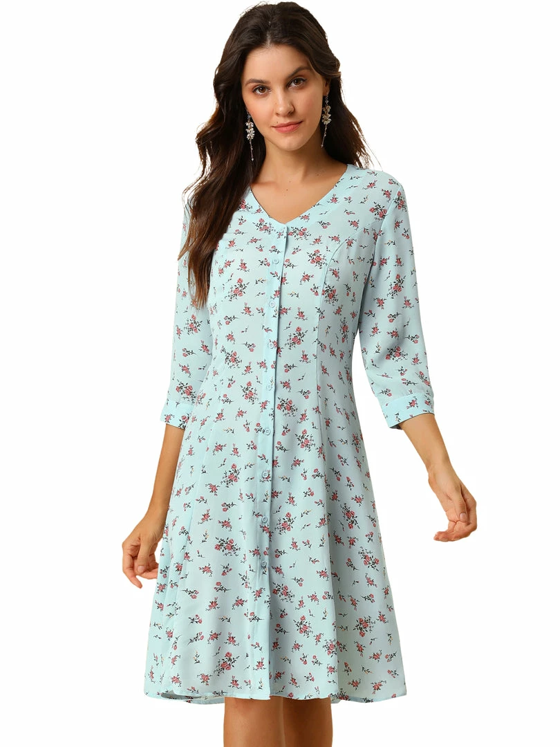 Allegra K Women's Floral Vintage V Neck 3/4 Sleeves Flare Button Front Dress 9 Allegra K Women's Floral Vintage V Neck 3/4 Sleeves Flare Button Front Dress