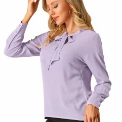 Allegra K Women's Bow Tie Neck Elegant Top Long Sleeve Solid Work Office Blouse