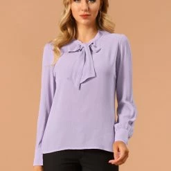 Allegra K Women's Bow Tie Neck Elegant Top Long Sleeve Solid Work Office Blouse