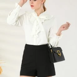 Allegra K Women's Ruffle Neck Tie Neck Ruffle Cuff Button Front Solid Work Shirt 23 Allegra K Women's Ruffle Neck Tie Neck Ruffle Cuff Button Front Solid Work Shirt