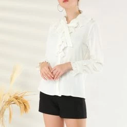 Allegra K Women's Ruffle Neck Tie Neck Ruffle Cuff Button Front Solid Work Shirt 25 Allegra K Women's Ruffle Neck Tie Neck Ruffle Cuff Button Front Solid Work Shirt