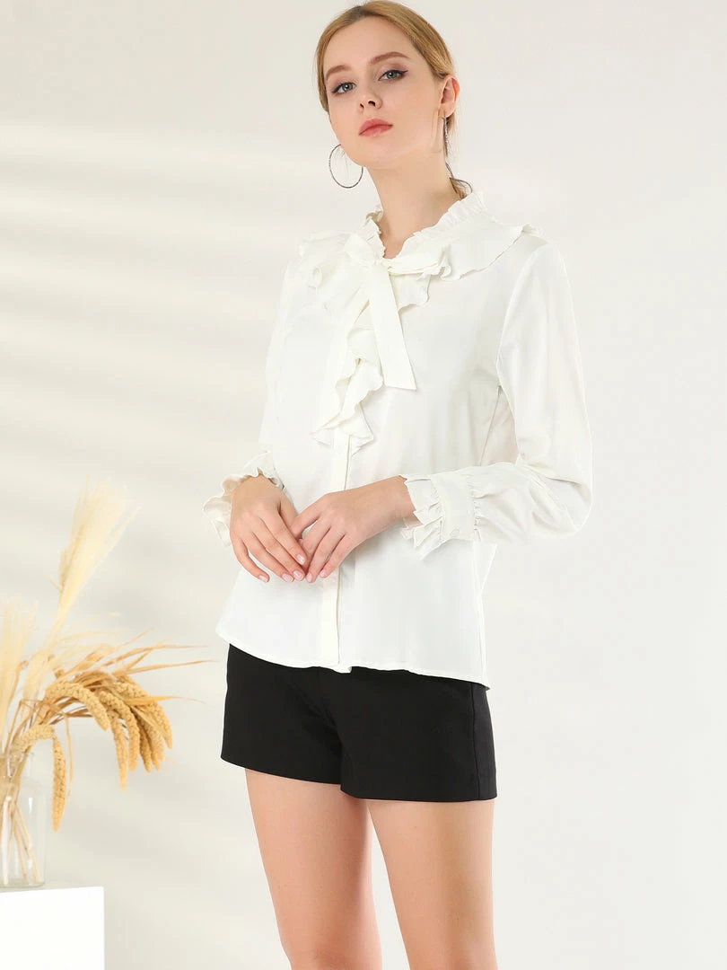 Allegra K Women's Ruffle Neck Tie Neck Ruffle Cuff Button Front Solid Work Shirt 7 Allegra K Women's Ruffle Neck Tie Neck Ruffle Cuff Button Front Solid Work Shirt