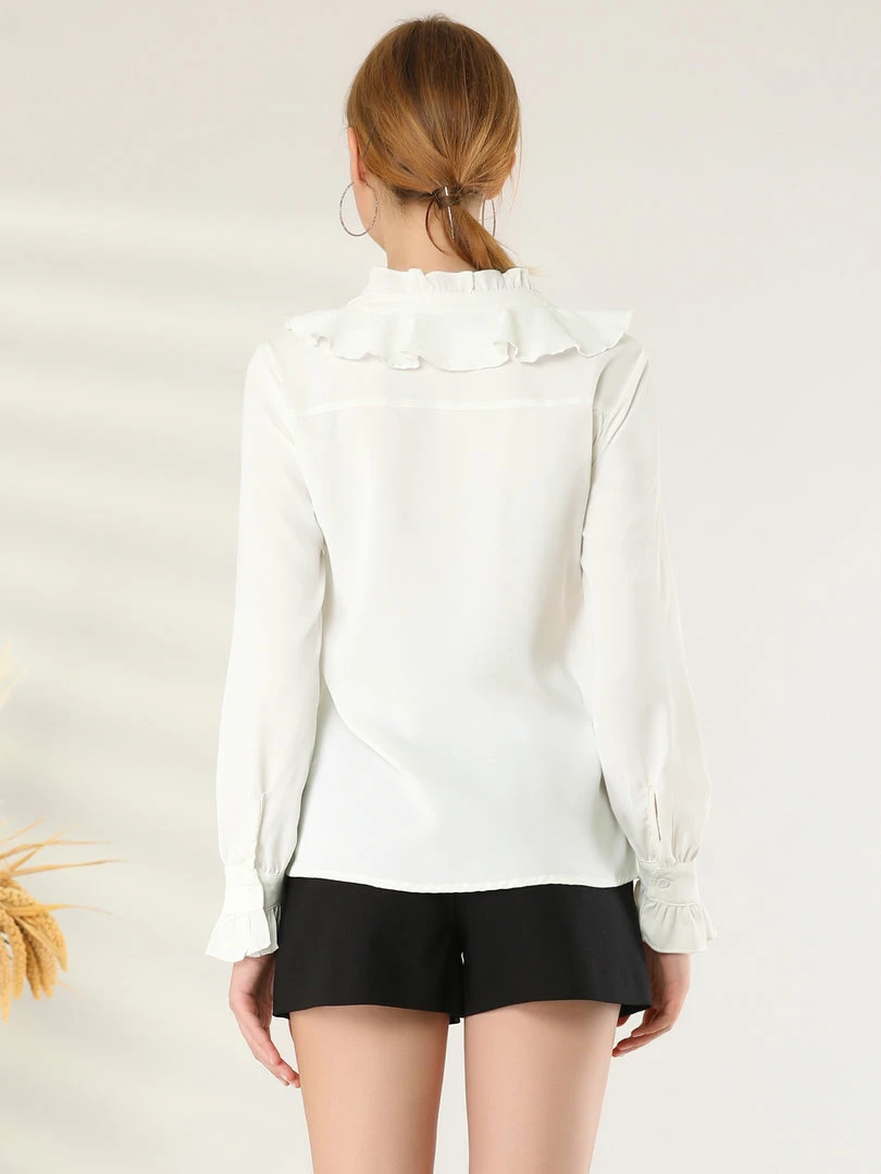 Allegra K Women's Ruffle Neck Tie Neck Ruffle Cuff Button Front Solid Work Shirt 8 Allegra K Women's Ruffle Neck Tie Neck Ruffle Cuff Button Front Solid Work Shirt