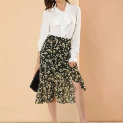 Allegra K Women's Floral High Waist Faux Wrap Ruffle Midi Skirt