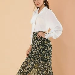 Allegra K Women's Floral High Waist Faux Wrap Ruffle Midi Skirt