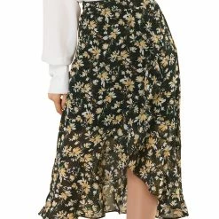 Allegra K Women's Floral High Waist Faux Wrap Ruffle Midi Skirt