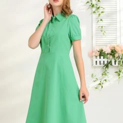 Allegra K Women's Shirtdress Turndown Collar Cotton Puff Short Sleeve Princess Line Dresses