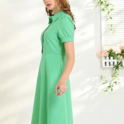 Allegra K Women's Shirtdress Turndown Collar Cotton Puff Short Sleeve Princess Line Dresses