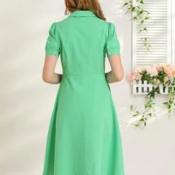 Allegra K Women's Shirtdress Turndown Collar Cotton Puff Short Sleeve Princess Line Dresses