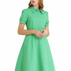 Allegra K Women's Shirtdress Turndown Collar Cotton Puff Short Sleeve Princess Line Dresses