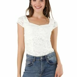 Allegra K Women's Lace Top Cap Sleeve Sweetheart Neck Ruched Front Vintage Blouse 40 Allegra K Women's Lace Top Cap Sleeve Sweetheart Neck Ruched Front Vintage Blouse