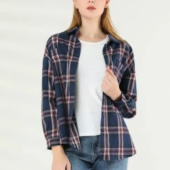 Allegra K Women's Plaid Shirts Button Down Long Sleeve Pockets Oversized Tunics Blouse