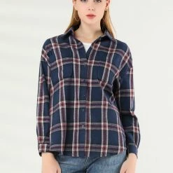 Allegra K Women's Plaid Shirts Button Down Long Sleeve Pockets Oversized Tunics Blouse