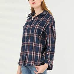 Allegra K Women's Plaid Shirts Button Down Long Sleeve Pockets Oversized Tunics Blouse