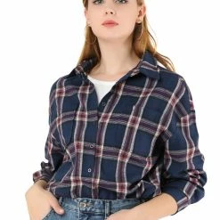 Allegra K Women's Plaid Shirts Button Down Long Sleeve Pockets Oversized Tunics Blouse