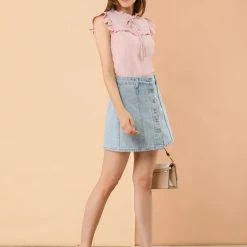 Allegra K Women's Cap Sleeve Blouses Chiffon Ruffle Stand Collar Tie Summer Shirt Tops