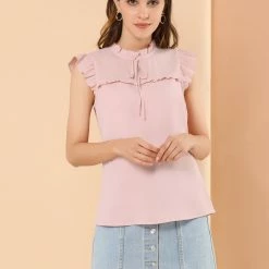 Allegra K Women's Cap Sleeve Blouses Chiffon Ruffle Stand Collar Tie Summer Shirt Tops