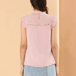 Allegra K Women's Cap Sleeve Blouses Chiffon Ruffle Stand Collar Tie Summer Shirt Tops