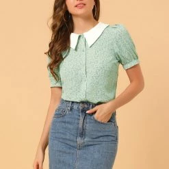 Allegra K Women's Turndown Collar Bubble Sleeves Button Up Floral Top Blouse 21 Allegra K Women's Turndown Collar Bubble Sleeves Button Up Floral Top Blouse
