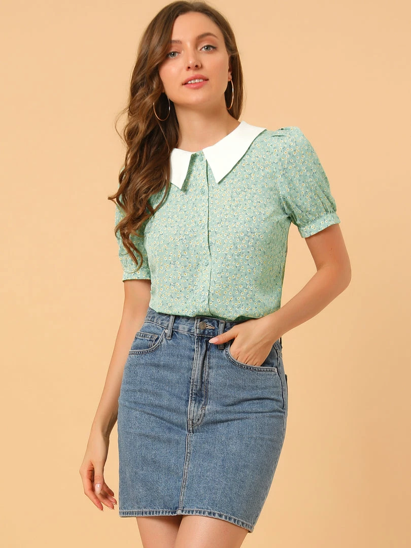 Allegra K Women's Turndown Collar Bubble Sleeves Button Up Floral Top Blouse 10 Allegra K Women's Turndown Collar Bubble Sleeves Button Up Floral Top Blouse