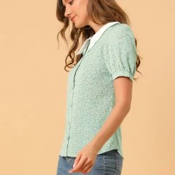 Allegra K Women's Turndown Collar Bubble Sleeves Button Up Floral Top Blouse 23 Allegra K Women's Turndown Collar Bubble Sleeves Button Up Floral Top Blouse