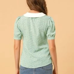 Allegra K Women's Turndown Collar Bubble Sleeves Button Up Floral Top Blouse 24 Allegra K Women's Turndown Collar Bubble Sleeves Button Up Floral Top Blouse