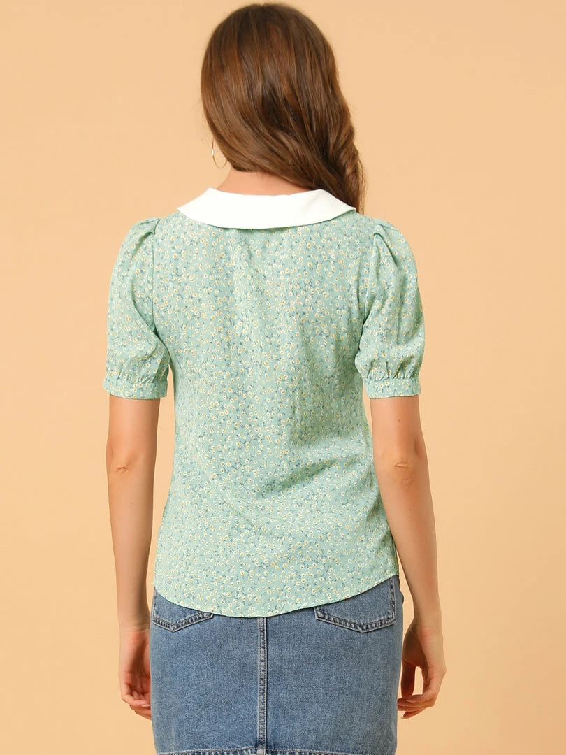 Allegra K Women's Turndown Collar Bubble Sleeves Button Up Floral Top Blouse 13 Allegra K Women's Turndown Collar Bubble Sleeves Button Up Floral Top Blouse