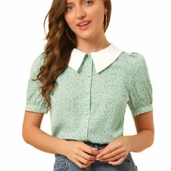 Allegra K Women's Turndown Collar Bubble Sleeves Button Up Floral Top Blouse 20 Allegra K Women's Turndown Collar Bubble Sleeves Button Up Floral Top Blouse