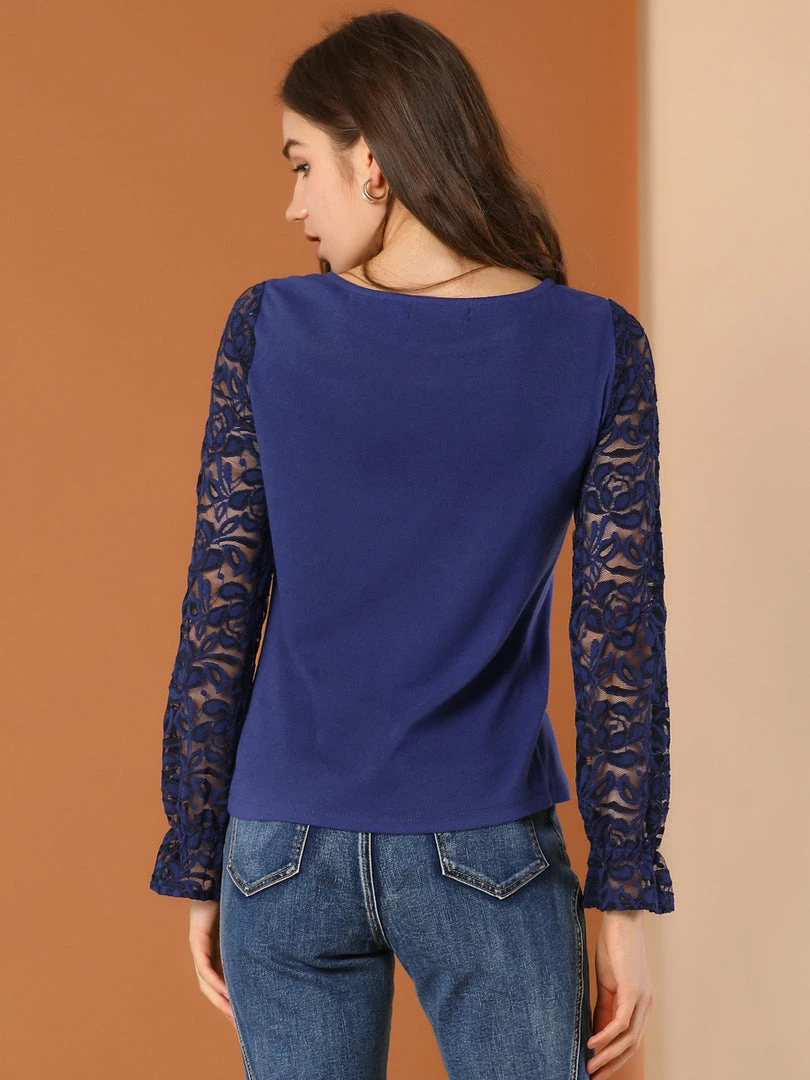 Allegra K Women's Lace Long Flare Sleeve Knit Blouse Top 8 Allegra K Women's Lace Long Flare Sleeve Knit Blouse Top