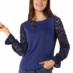 Allegra K Women's Lace Long Flare Sleeve Knit Blouse Top