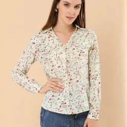 Allegra K Women's Pleated V-neck Long Sleeve Floral Faux Pocket Shirt Blouse