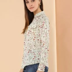 Allegra K Women's Pleated V-neck Long Sleeve Floral Faux Pocket Shirt Blouse
