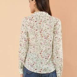Allegra K Women's Pleated V-neck Long Sleeve Floral Faux Pocket Shirt Blouse