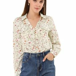 Allegra K Women's Pleated V-neck Long Sleeve Floral Faux Pocket Shirt Blouse