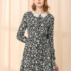 Allegra K Women's Peter Pan Collar Lace Trim Button Long Sleeves Floral Shirt Dress With Belt 42 Allegra K Women's Peter Pan Collar Lace Trim Button Long Sleeves Floral Shirt Dress With Belt