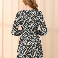 Allegra K Women's Peter Pan Collar Lace Trim Button Long Sleeves Floral Shirt Dress With Belt 44 Allegra K Women's Peter Pan Collar Lace Trim Button Long Sleeves Floral Shirt Dress With Belt